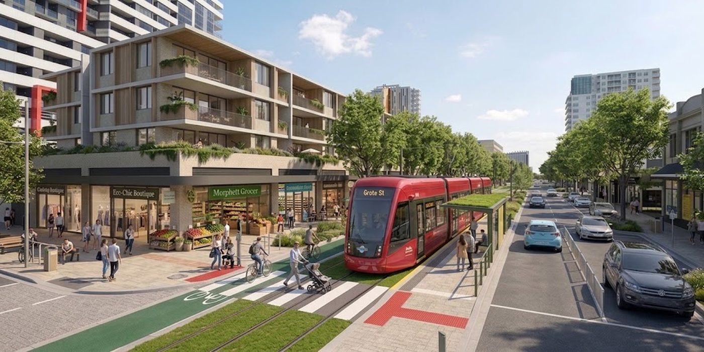 The same corner reimagined: a red tram at a Grote St stop on a grassed track, a green bike lane running along the shopfronts of a grocer and boutiques with homes above, a zebra crossing with tactile paving, and one traffic lane each way on the far side.