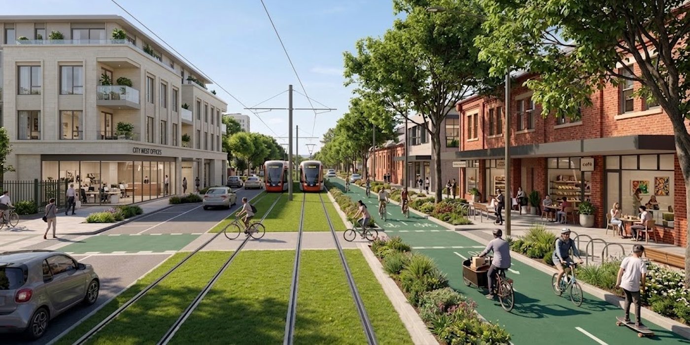 The same street reimagined: two trams on a grassed track down the middle, green protected bike lanes, street trees and garden beds, and cafes and shops at the foot of the old brick buildings.